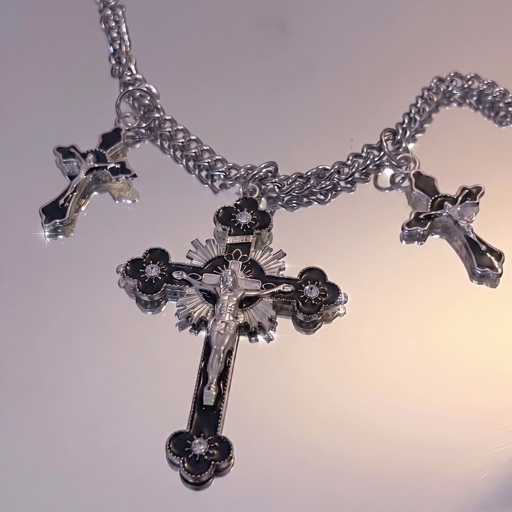 New Black Silver Crucifix Cross Charm Chain Necklace Goth Y2K Grunge